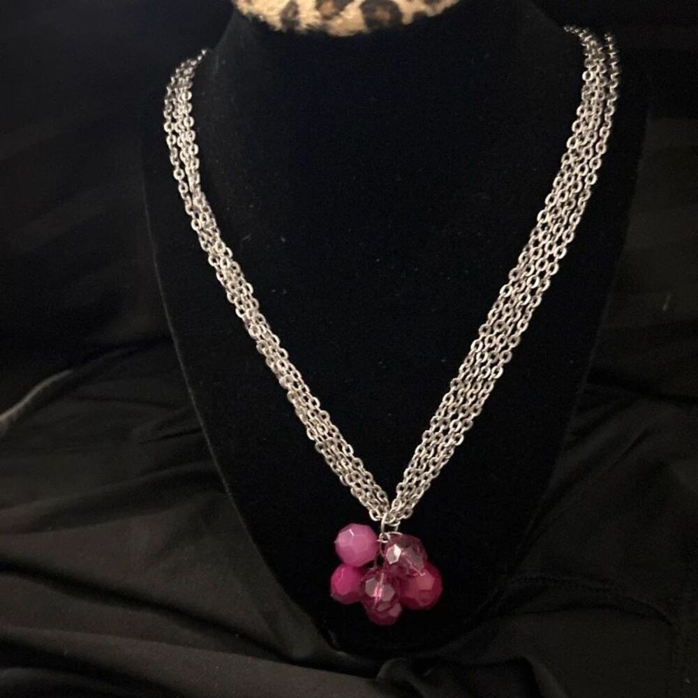 Silver Tone Multi-Strand Pink Beaded Cluster Necklace